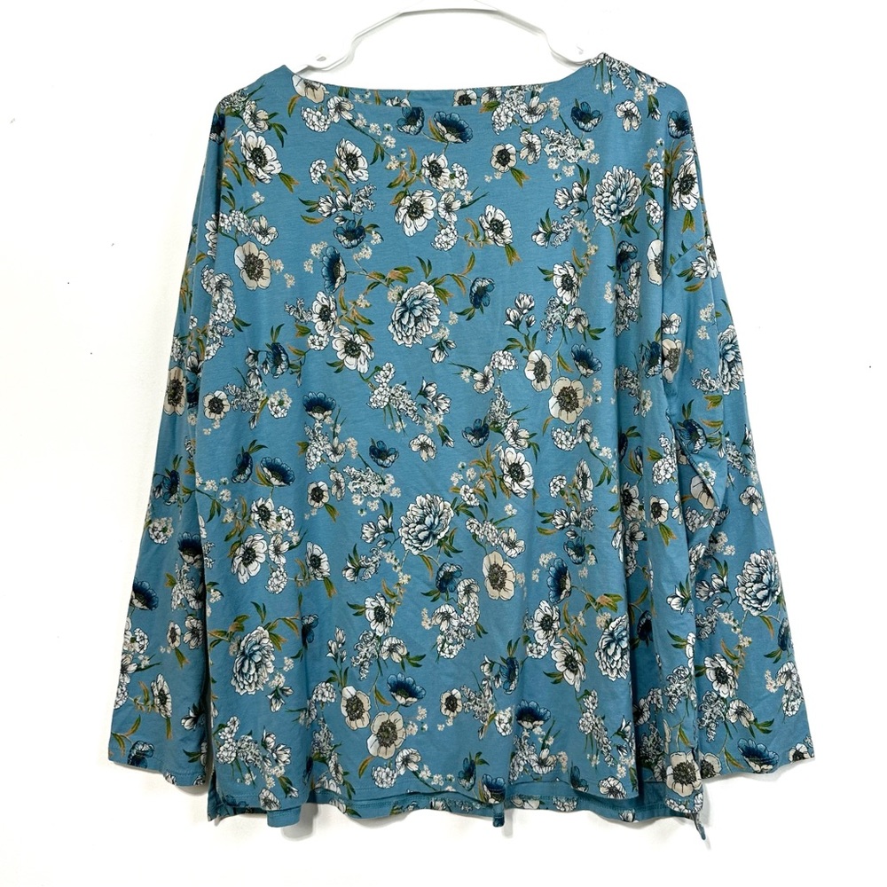 J. JILL Women's Top T Shirt Luxe Supima Cotton Blend Blue Floral Long Sleeve L